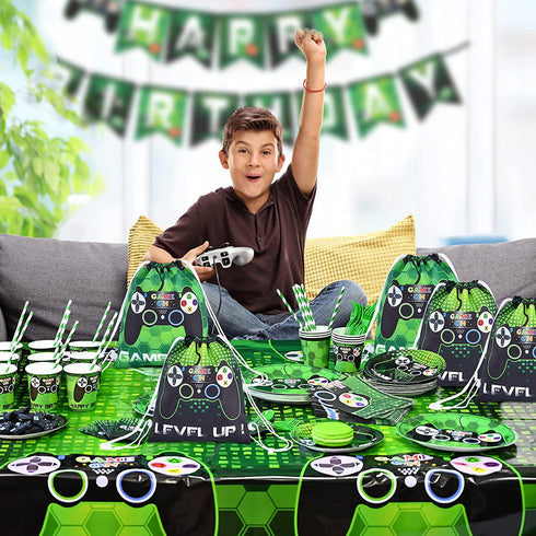Video Game Party Loot Bags - 12 Pack 10'' x 12'' Game On Theme Gifts Bags for Kid Boys Drawstring Backpack Goodie Candy Favor Bags Birthday Party Supplies