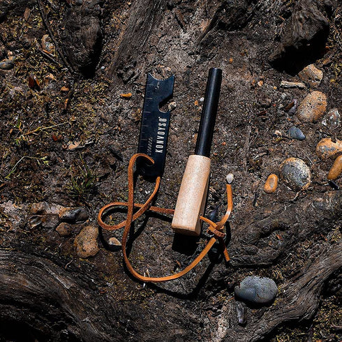 KonvoySG Premium Magnesium Traditional Ferrocium Rod Firesteel - Includes Hemp Cord Tinder Superior Wooden Handle/Grip Leather Lanyard - Essential Fire Starter Camping Survival Kit