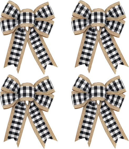 cprocx 4 Pieces Black White Buffalo Plaid Bow,Rustic Burlap Crafts Wreath Bow, Wall Home Front Door Decorative Ornaments