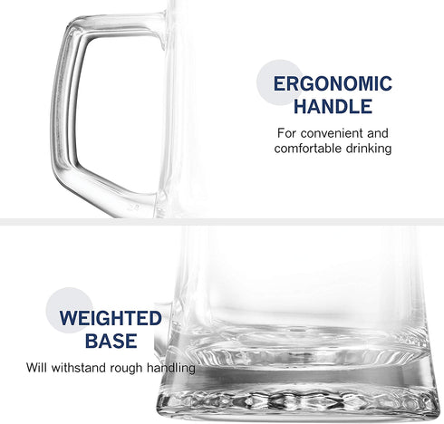 Bormioli Rocco 4-Pack Solid Heavy Large Beer Glasses with Handle - 17.1/4 Ounce Glass Steins, Traditional Beer Mug glasses Set, Perfect Coffee - Tea Glass, Everyday Drinking Glasses, Cocktail Glasses