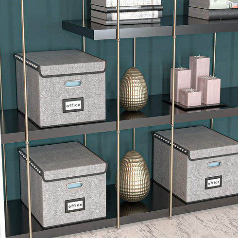 Upgrade Portable File Organizer Box with Lids, Huolewa Collapsible Linen Hanging Filing Storage Boxes with Plastic Slide, Decorative Home/Office Filling System for File and Folders Storage (Gray)