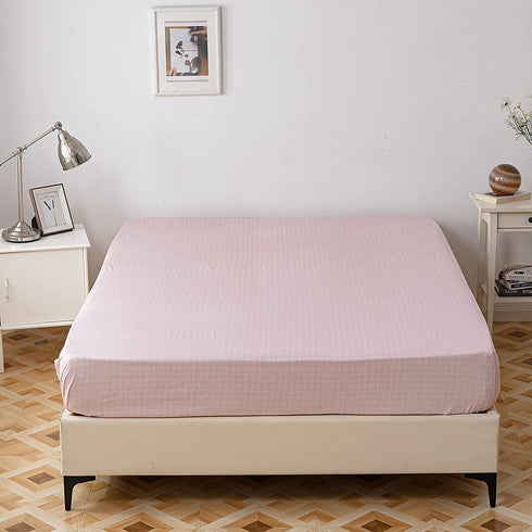 AOJIM Pure Cotton Printing Fitted Sheet Twin Size 39"x75" with 15" Deep Pocket Design Pink Grids Mattress Cover for Kids/Adults / Only One Piece