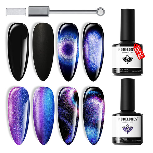 modelones 9D Cat Eye Gel Nail Polish Set - 2 Pcs Black Blue Chameleon Magnetic Galaxy Glitter Galactic Effect Magic Gel Polish with Magnet Stick Soak Off LED Gel Nail Polish Nail Art 7ML
