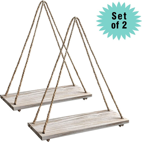 EMAISON Hanging Distressed Wood Floating Shelves with Swing Rope, Farmhouse Organizer Rustic Home Décor, Set of 2 (Set of 2, White Wash)