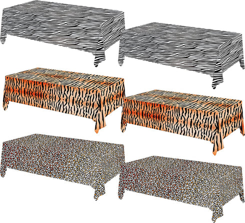 6 Pieces Animal Safari Theme Zoo Print Table Cover Jungle Animal Table Cover Reusable Animal Theme Tablecloth with Leopard, Tiger, Zebra for Animal Zoo Jungle Safari Themed Party (54 x 108 Inch)