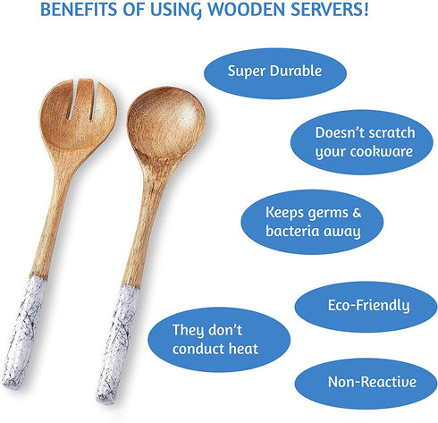 Folkulture Salad Servers or Salad Tongs, Wooden Utensils for Serving Salad, 12-inch Spoon and Fork Set, Mango Wood, Blue Servers