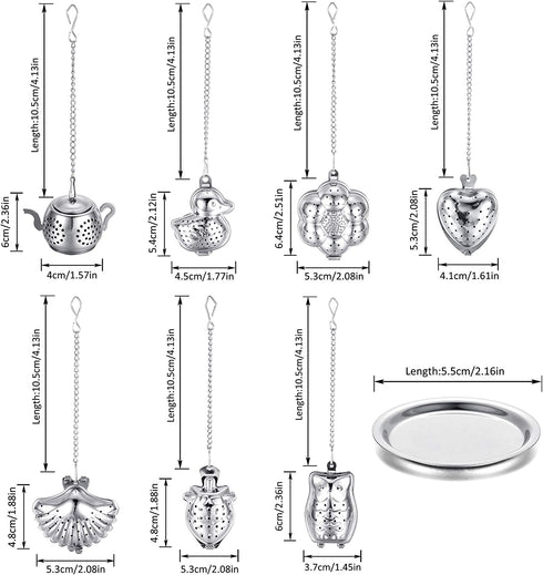 DISIWENE 7 Pack Loose Leaf Tea Infuser, Tea Strainer Stainless Steel Tea Ball with Chain and Drip Trays, small Tea Filter Set for Mug (Silver-Set A)