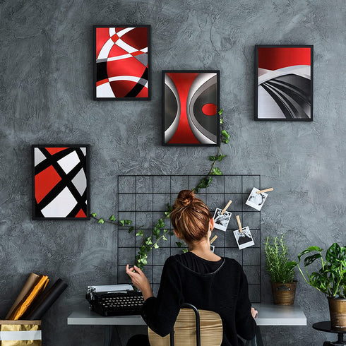 4 Pieces Red Stripes Poster Prints Unframed Abstract Wall Art Modern Abstract Wall Art Abstract Art Prints Black Silver Red Art Posters for Wall Home Decoration, 8 x 10 Inch