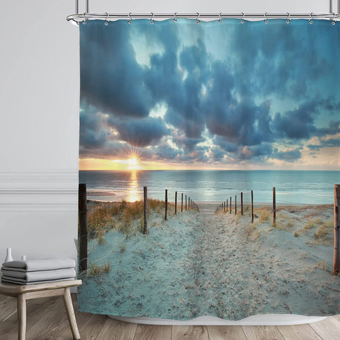 Riyidecor Ocean Beach Shower Curtain 72Wx72H Sunset Summer Sunrise Hawaiian Scenic Blue Sky Seaside Cool Sea Landscape Sand Decor Fabric Bathroom 12 Pack Plastic Shower Hooks