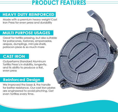 ALPHA LIVING 50417 Cast Iron Heavy Duty 7.5 Inch Pataconera Flour Corn Tortilla Press Tortillera Tortilladora