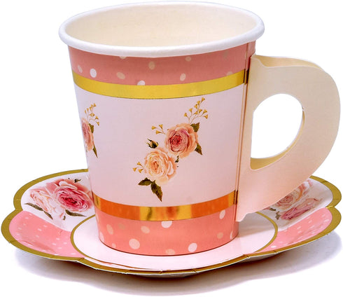 36 Disposable Tea Party Cups 5 oz 3" 36 Saucers 5" Paper Floral Shaped Plate Teacup Set with Handle for Kids Girls Mom Coffee Mugs Wedding Birthday Baby Bridal Shower Gold Foil & Pink Table Supplies