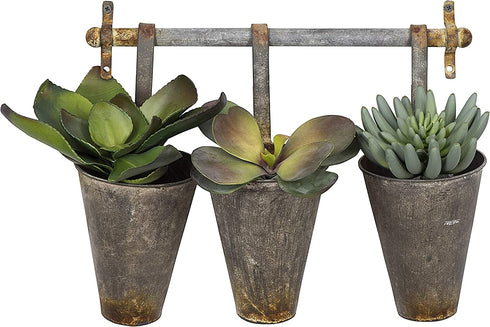 Creative Co-Op Antiqued Metal Wall Rack with 3 Hanging Tin Pots