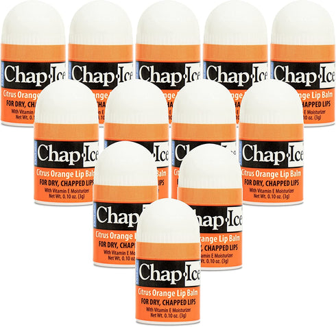 Chap-Ice® | 12-Count Mini Citrus Orange Lip Balm | Lip Balm Pack Fortified with Vitamin E for Dry, Cracked Lips | Made in USA | 12-Count Mini Lip Balm with Citrus Orange Flavor (0.10oz/3g Each)