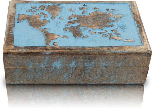 Great Birthday Gift Ideas Handmade Decorative World Map Wooden Jewelry Box Treasure Box Jewelry Organizer Keepsake Box Treasure Chest Trinket Holder Lock Box Watch Box (Blue Wash Finish)