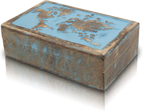 Great Birthday Gift Ideas Handmade Decorative World Map Wooden Jewelry Box Treasure Box Jewelry Organizer Keepsake Box Treasure Chest Trinket Holder Lock Box Watch Box (Blue Wash Finish)