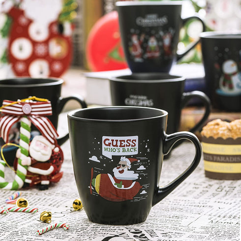 Coffee Mugs Set of 6 Large-sized 16 Ounce Christmas Holiday Ceramic Mug - Holiday Coffee Mug Funny Novelty Mugs Decorative Christmas Gift, Christmas Matte Black