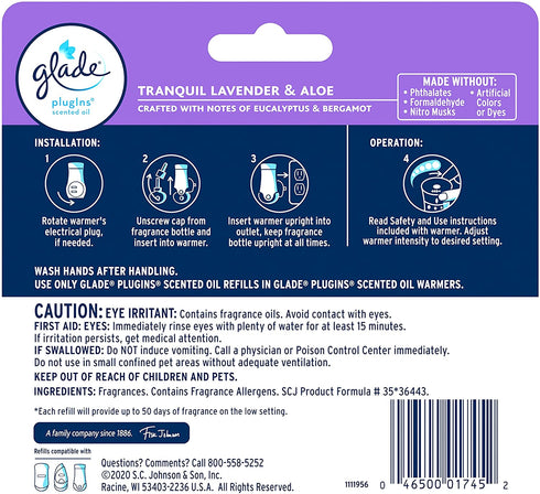 Glade PlugIns Refills Air Freshener, Scented and Essential Oils for Home and Bathroom, Tranquil Lavender & Aloe, 3.35 Fl Oz, 5 Count