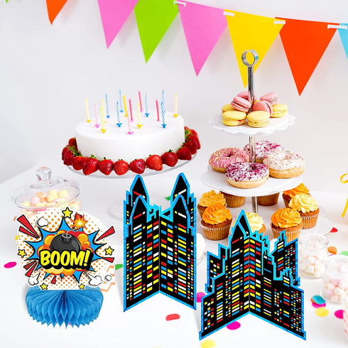 Set of 10 Hero Themed Party Decoration Superhero Honeycomb Centerpieces Hero Action Sign Table Centerpiece Fun Hero Theme Party Table Topper Decor for Happy Birthday Baby Shower Party Supplies Favor