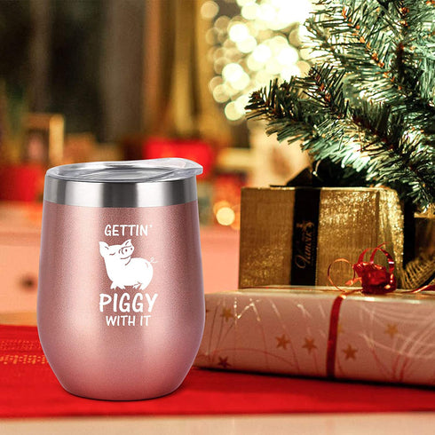 Gingprous Pig Swine Lover Gifts on Christmas Birthday, Gettin' Piggy With It Cute Funny Wine Tumbler with Pig, 12 Oz Stainless Steel Insulated Wine Tumbler with Lid and Straw, Rose Gold