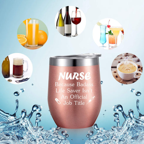 2 Pack Nurse Gift for Women, Appreciation Birthday Nursing Graduation Gift for Registered Nurse, Nurse Practitioner, Nurse Student, Nursing Funny 12 oz Wine Tumbler with Straw and Brush (Rose Gold)