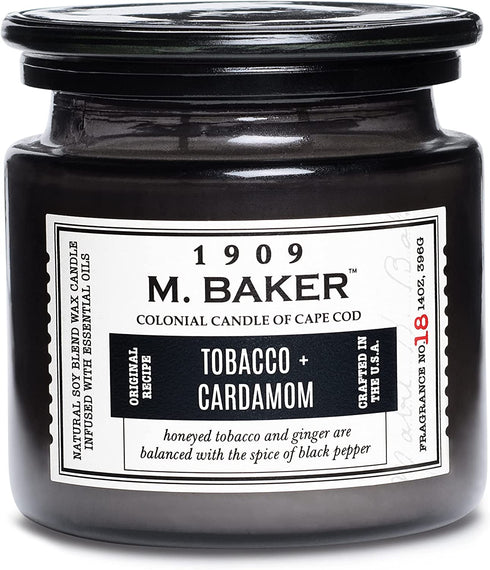 Colonial Candle Tobacco & Cardamom Scented Jar Candle, M. Baker Collection, 2 Wick, Grey, 14 oz - Up to 60 Hours Burn