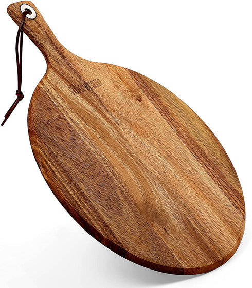 Silkceram Acacia Wood Pizza Peel, Round 12 Inch Wooden Cutting Boards, Cheese Paddle Board, Bread and Crackers Platter Serving Board 16"x12"x0.5"