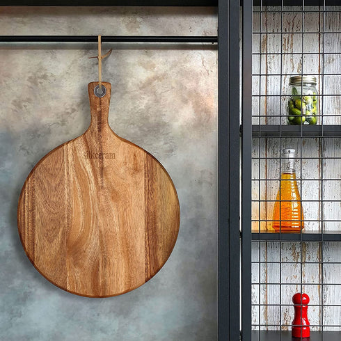 Silkceram Acacia Wood Pizza Peel, Round 12 Inch Wooden Cutting Boards, Cheese Paddle Board, Bread and Crackers Platter Serving Board 16"x12"x0.5"