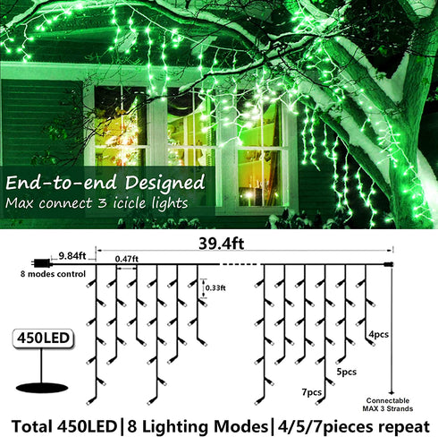 Christmas Lights Outdoor Decorations Iciclelights 39ft 450 LED Dripping Twinkle Ice String Light, 8 Modes Plug in Waterproof Fairy Curtain Lights for House Holiday Patio Yard Party Decor(Green)