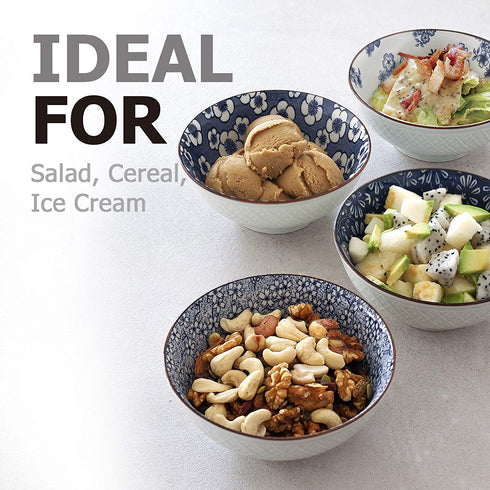 Y YHY Ceramic Bowls, Japanese Rice Bowl, Cereal Bowls for Kitchen, 16oz Blue Bowl Set of 4, Assorted Designs, Microwave and Dishwasher Safe