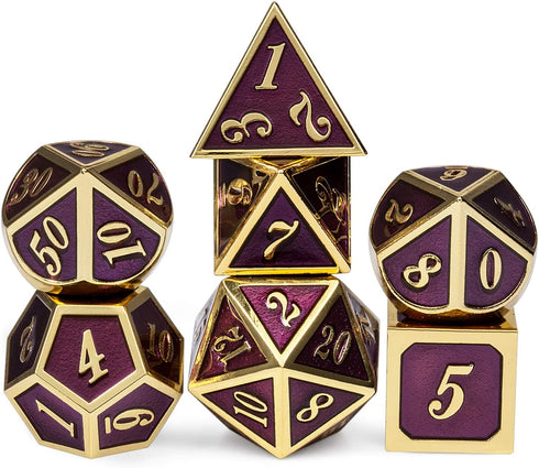 DnDnD Table Game Metal Dice Set, 7PCS D&D Metal Die with Metal Gift Box for Tabletop Games Dungeons and Dragons Dice (Dark Purple and Gold Number)