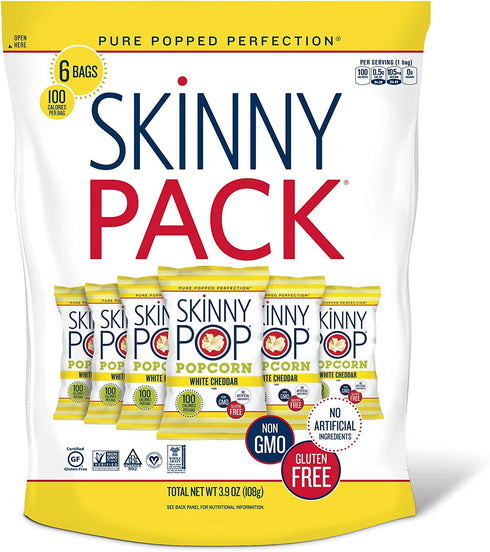 SkinnyPop Popcorn, Gluten Free, Non-GMO, Healthy Snacks, Skinny Pop Dairy Free White Cheddar Popcorn Snack Packs, 0.65 Oz Individual Size Snack Bags (6 Count)