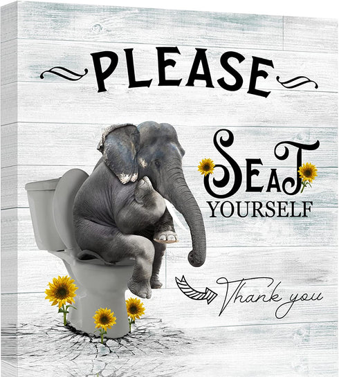 ZEREAA Bathroom Pictures for Wall Decor Sign Please Seat Yourself, Framed Funny Bathroom Wall Art Elephant Sit on Toilet Grey Canvas Wall Art for Bedroom Living Room Kitchen Office, 14x14inch