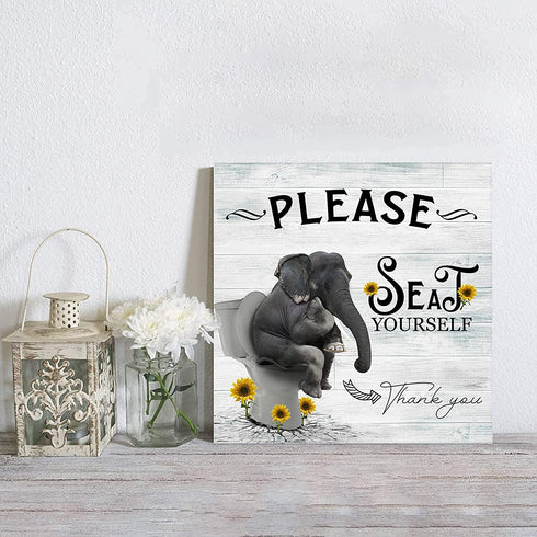 ZEREAA Bathroom Pictures for Wall Decor Sign Please Seat Yourself, Framed Funny Bathroom Wall Art Elephant Sit on Toilet Grey Canvas Wall Art for Bedroom Living Room Kitchen Office, 14x14inch