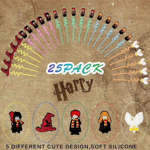 25 Harry Party Favors Straws, Reusable Plastic Straws 5 Design for Kids Wizard Potter Party Supplies Favors, with 2 Cleaning Brushes, Har/25