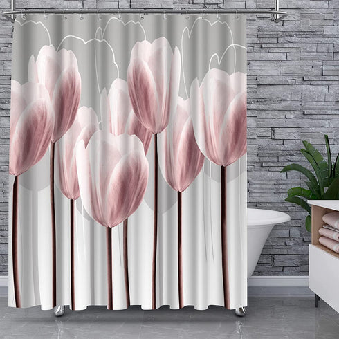 Artsbay Floral Shower Curtain Modern Elegant Pink Tulip Flower Design Art Print Bath Curtain Home Apartment Pink and Gray Fabric Bathroom Accessories Set