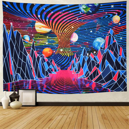 Trippy Mountain and Planet Tapestry Hippie Tornado Waves Tapestry Retro Abstract Space Landscape Tapestry Psychedelic Galaxy Stars Tapestry Wall Hanging for Room