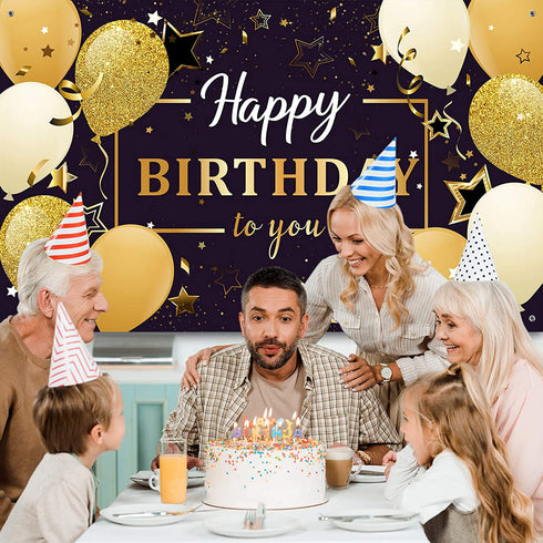 Happy Birthday Party Decorations, Extra Large Fabric Black and Gold Happy Birthday to You Sign Backdrop Banner Photo Booth Background for Indoor Outdoor Birthday Party Favor, 70.8 x 43.3 Inch