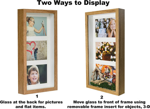 BD ART 7x14 (18 x 35 x 4.7 cm) Rustic Oak Shadow Box 3D Picture Frame with Mat for 3 Pictures 4x6 inch, Glass Front