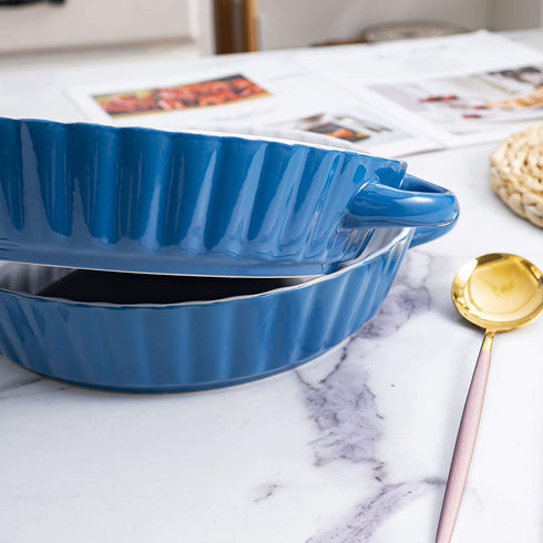 Bruntmor Set Of 2 Quiche Pan Ceramic Pie Pan, 9.5 Inch Tart Pan - Round Pie Plate Baking Dish with Ribbed Edges, W/ Side handles, Blue