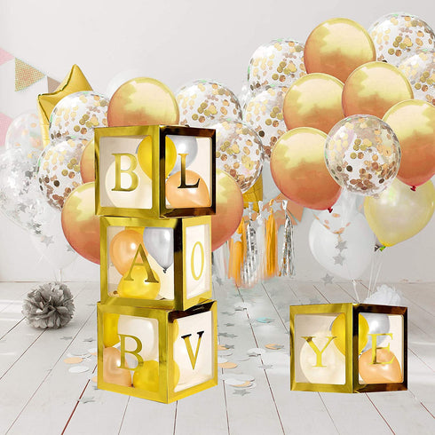 Gold Gender Reveal Party Decorations Set for Boy, Girl - 49 Pcs Clear Baby Boxes with Letters for Baby Shower Decorations for Girl and Boy - 1st Birthday Party Decoration