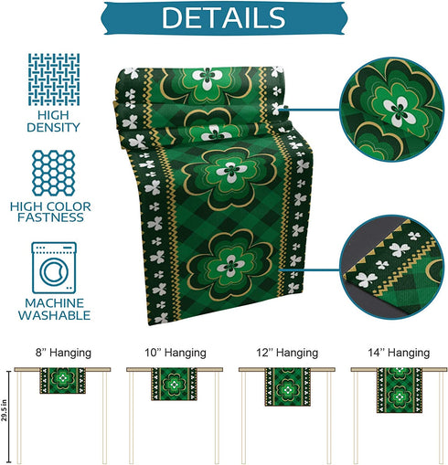 St. Patrick's Day Clover Linen Table Runner Dresser Scarves, Irish Lucky Shamrock Rectangle Tablecloths for Farmhouse Kitchen Dining Wedding Picnic Party 16x72in, Green Buffalo Plaid Checkered