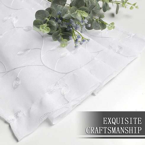 Tollpiz Leaves Short Sheer Curtains White Leaf Embroidery Bedroom Curtain Rod Pocket Voile Faux Linen Embroidered Leaves Curtains for Living Room, 54 x 45 inches Long, Set of 2 Panels