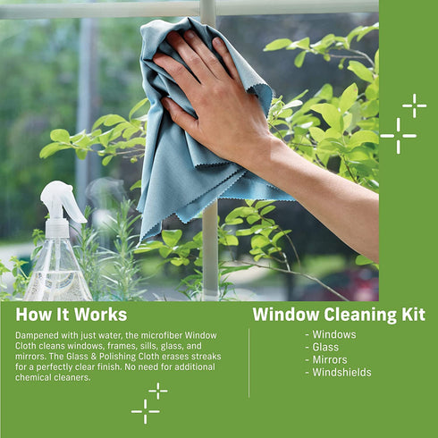 E-Cloth Window Cleaning Kit, Premium Microfiber Glass and Window Cleaner, Great for Shower Glass Doors, Indoor & Outdoor Windows and Car Windshield, Washable and Reusable, 100 Wash Guarantee, Green