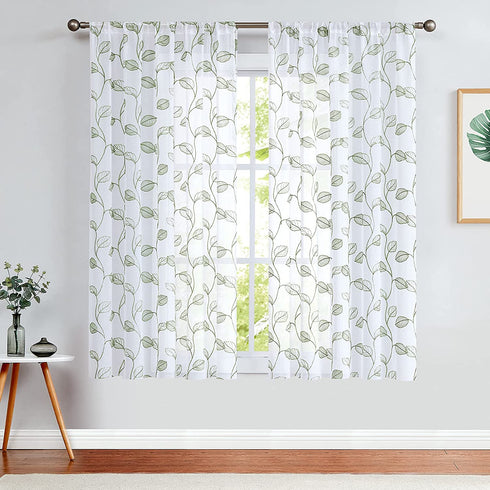 Topick Embroidered Sheer Curtains for Living Room Botanical Tile Sage Window Curtains Leaf Geometric Semi-Sheer Drapes for Bedroom Pole Top 2 Panels 63 inch
