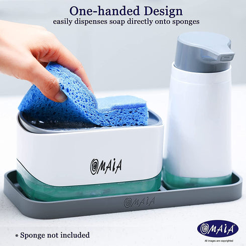OMAIA 4-in-1 Dish Soap Dispenser Set - Kitchen Soap Dispenser with Sponge Holder and Liquid Hand Soap Dispenser and Silicone Tray - Countertop Organizer - Useful Kitchen Gadgets