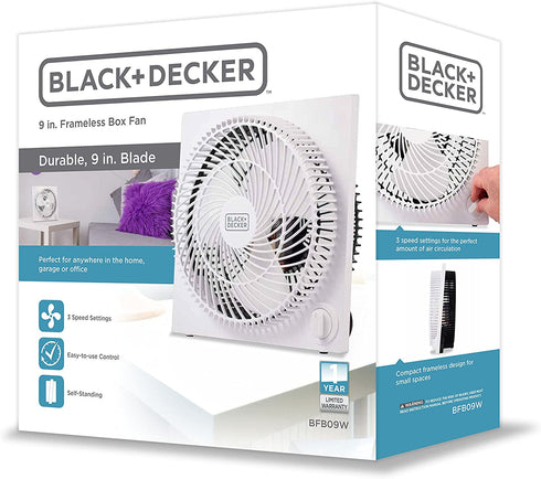 BLACK+DECKER Mini Box Fan Tabletop Quiet 9 Inch Desk Box Fans Frameless BFB09W White