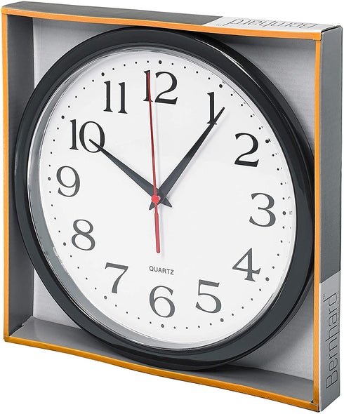 Bernhard Products Black Wall Clock Silent Non Ticking 10 Inch Quality Quartz Battery Operated Round Easy to Read Home/Office/Kitchen/Classroom/School Clock Sweep Movement