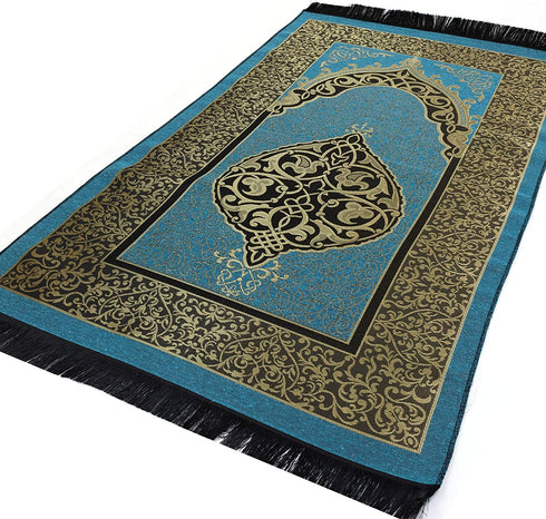 Islamic Prayer Rug Thin Woven Chenille and Taffeta Turkish Sajadah Intricate Design Metallic Ottoman Mat (Black + Blue)