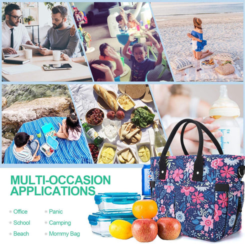KIPBELIF Insulated Lunch Bags for Women - Large Tote Adult Lunch Box for Women with Shoulder Strap, Side Pockets and Water Bottle Holder, Blue Pink Flower, Normal Size