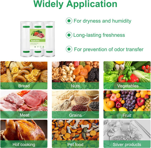 Gokilife Vacuum Sealer Bags Rolls - 8" x 20' 3 Pack-Compatible with Food Saver Seal a Meal , Heavy Duty BPA Free Commercial Fresh Bag, Cut to Size for Vac Storage, Meal Prep or Sous Vide